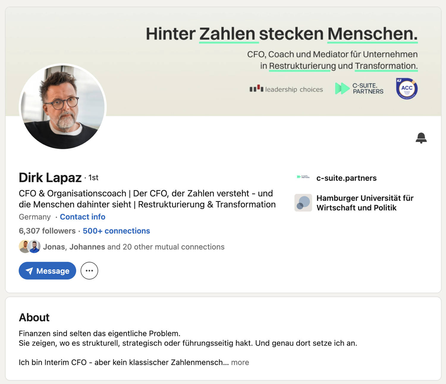 LinkedIn-Profil von Dirk Lapaz nach der Optimierung: Slogan, Info-Sektion und Positionierung als Interim CFO und Unternehmenscoach