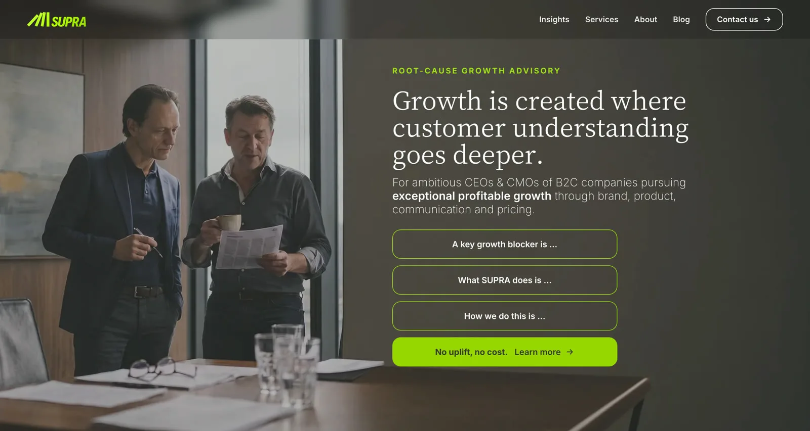 Startseite von supra.consulting: „Growth is created where customer understanding goes deeper.“